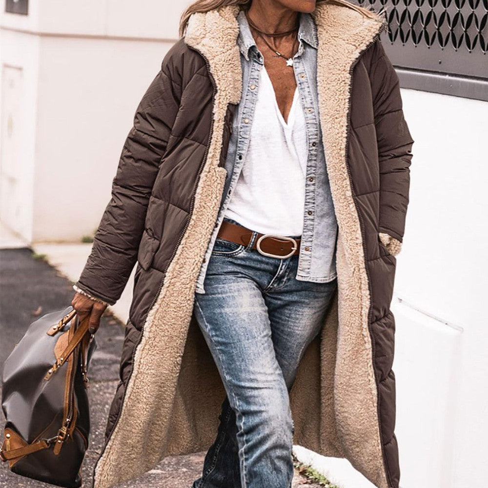 Solid Color Hooded Long Coat Winter Long Sleeve Double-sided Wear Slim Elegant Cardigan Jacket Top Women&