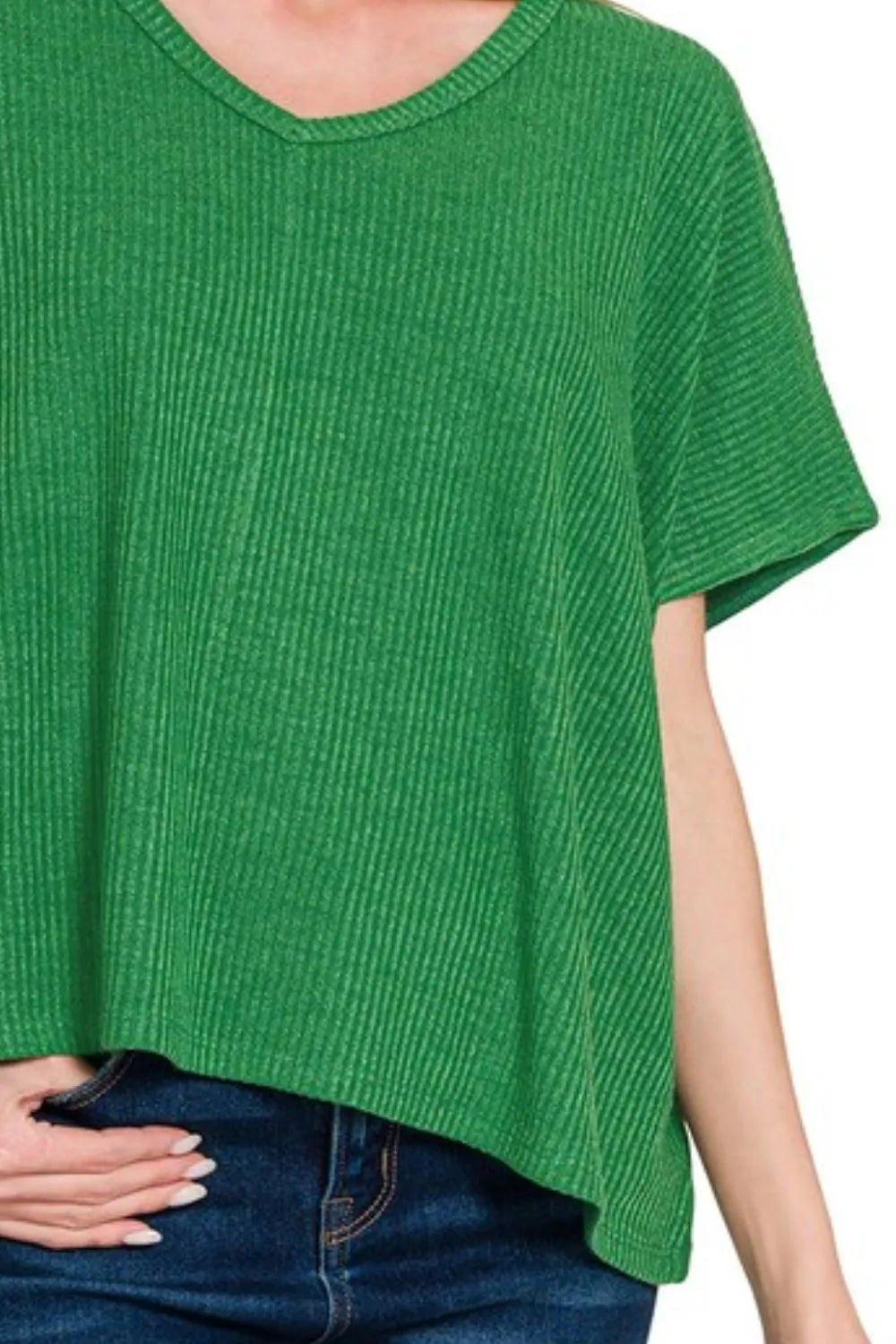 Ribbed V-Neck Short-Sleeve Knit Top
