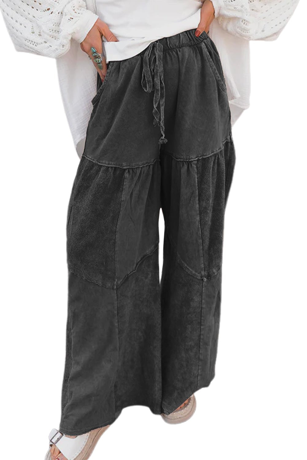 Black Mineral Wash Tiered Wide Leg Patchwork Drawstring Pants - Loving It Shop