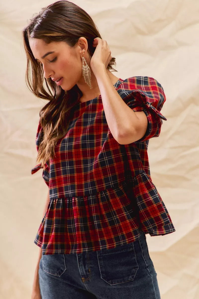 Christmas Holiday Plaid Ribbon Short Sleeves Top