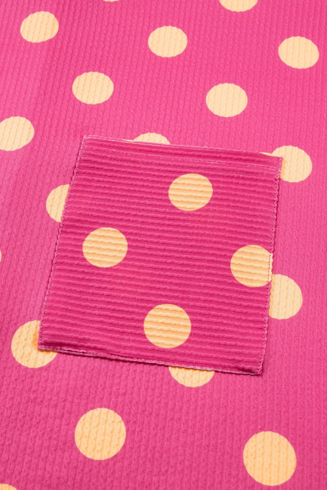 Pink Polka Dot Round Neck Drop Shoulder Patch Pocket Jacquard Texture Top - Loving It Shop