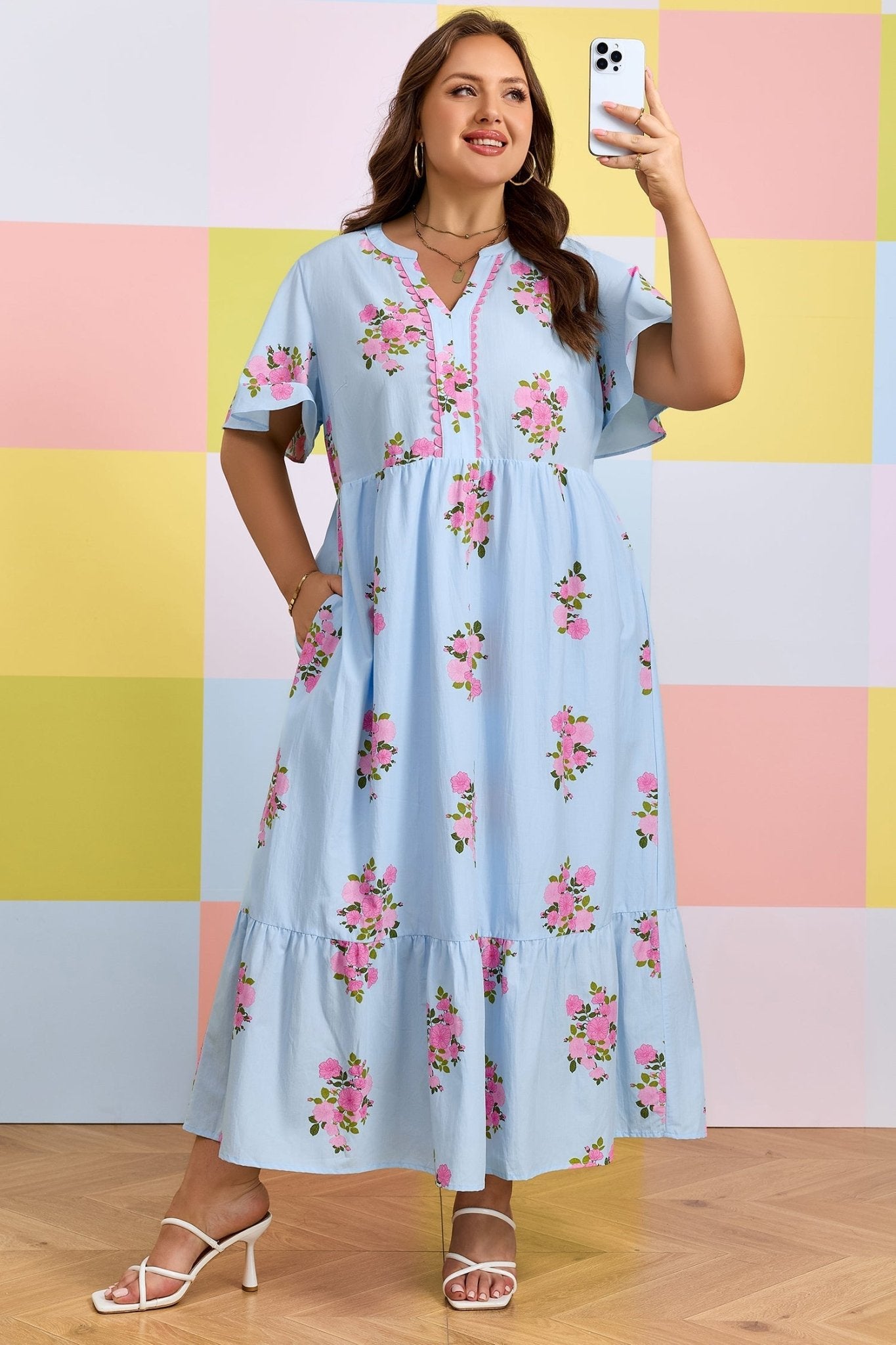 Sky Blue Plus Size Floral Print Scalloped Trim V - Neck Dress - Loving It Shop