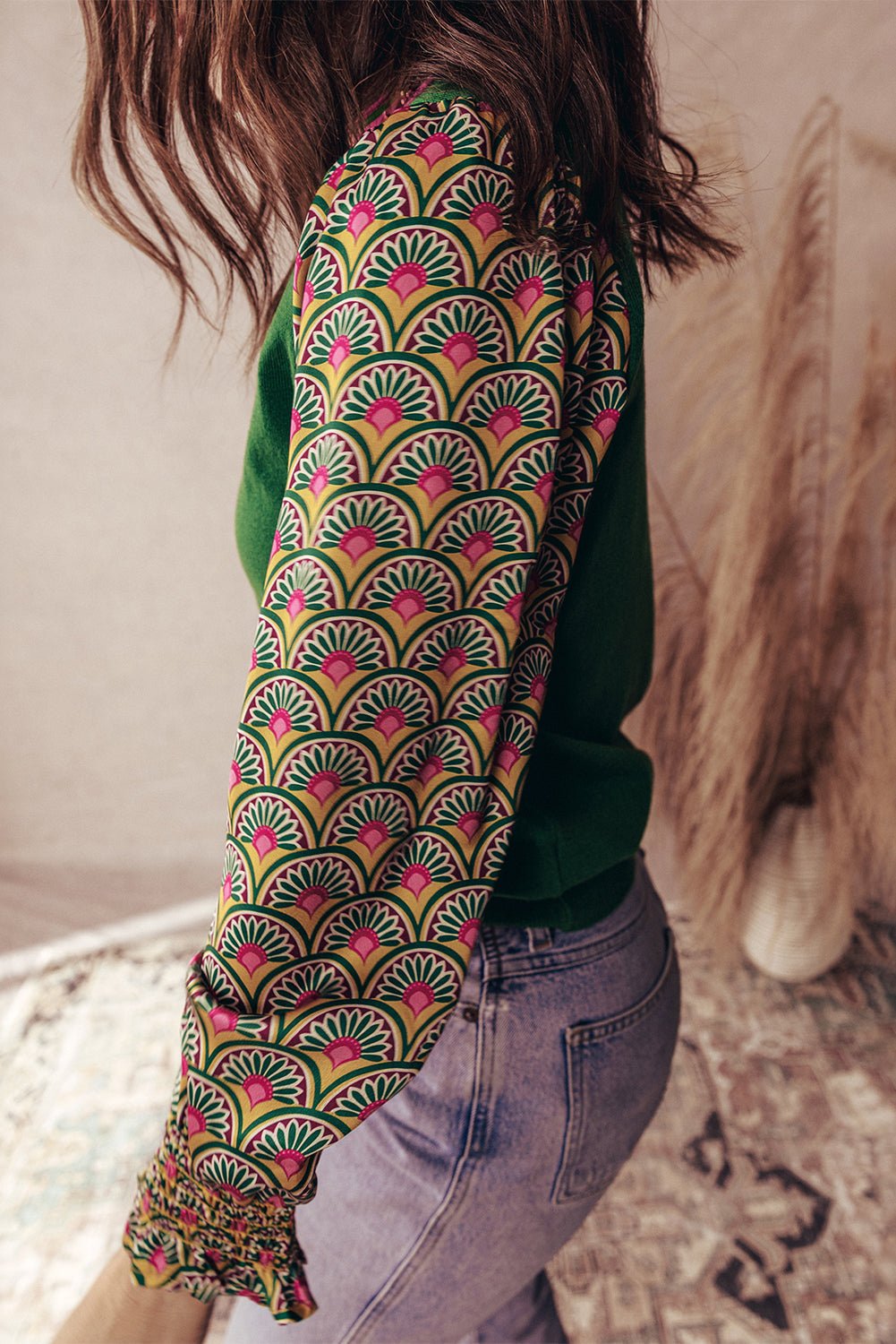 Blackish Green Floral Patchwork Shirred Cuff Puff Sleeve Sweater - Loving It Shop