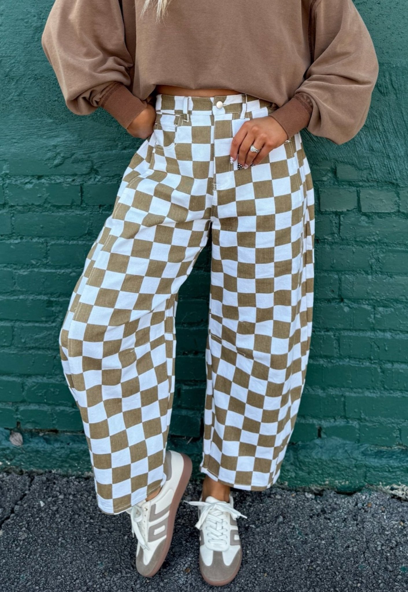 White Checkered Print Denim Barrel Pants - Loving It Shop