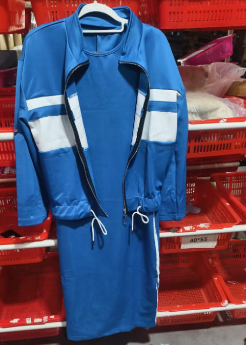 Casual Zipper White Stripe Edge Jacket Coat Dress Women&