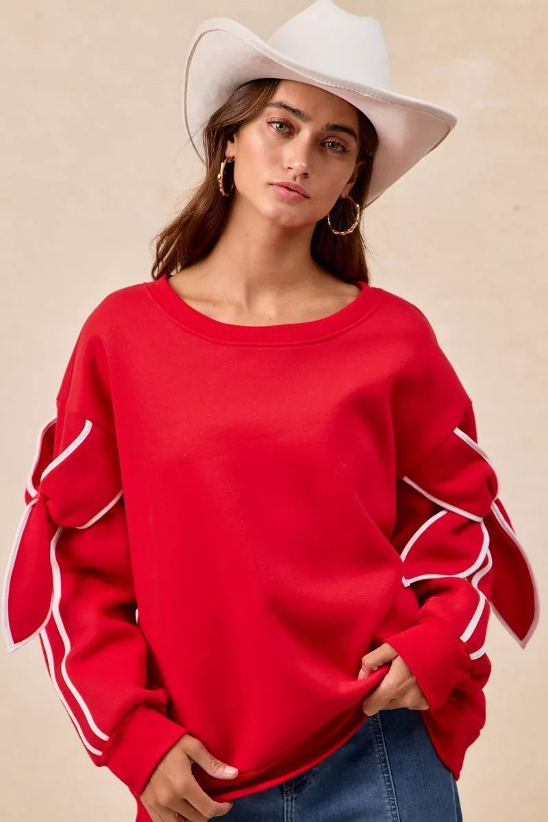 Bow Detail Sleeves Fleece Sweatshirt