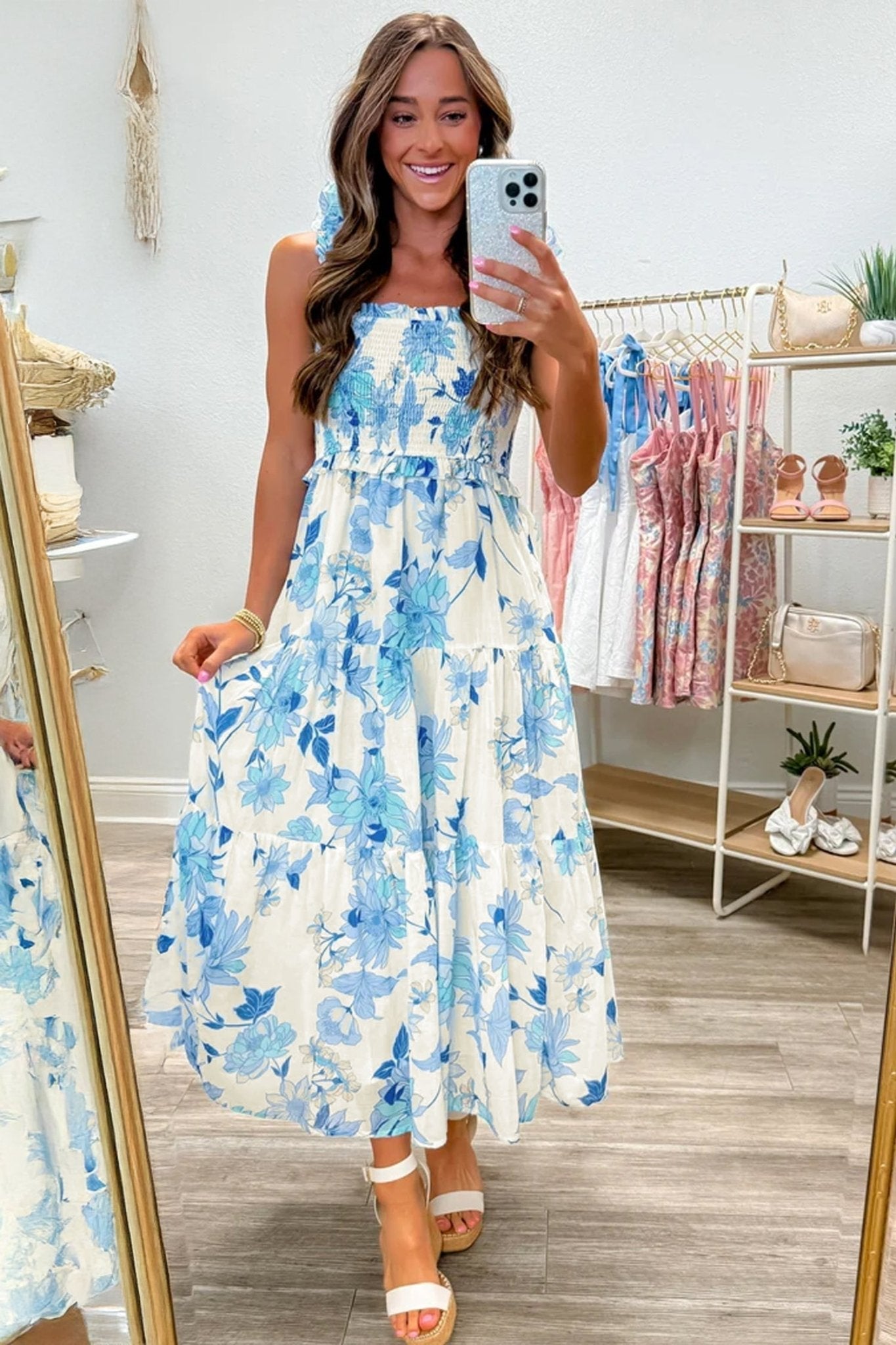 Sky Blue Ruffled Straps Smocked High Waist Floral Maxi Dress - Loving It Shop