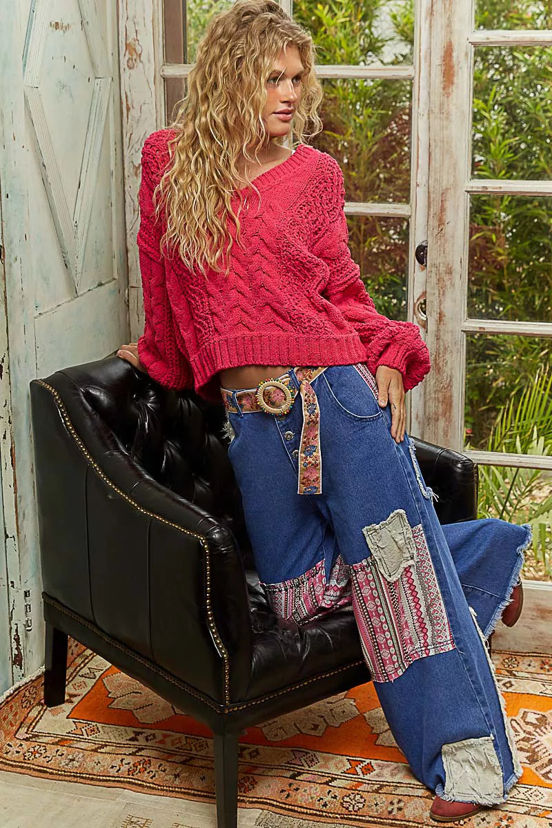 Cable-Knit Solid V-Neck Cropped Sweater