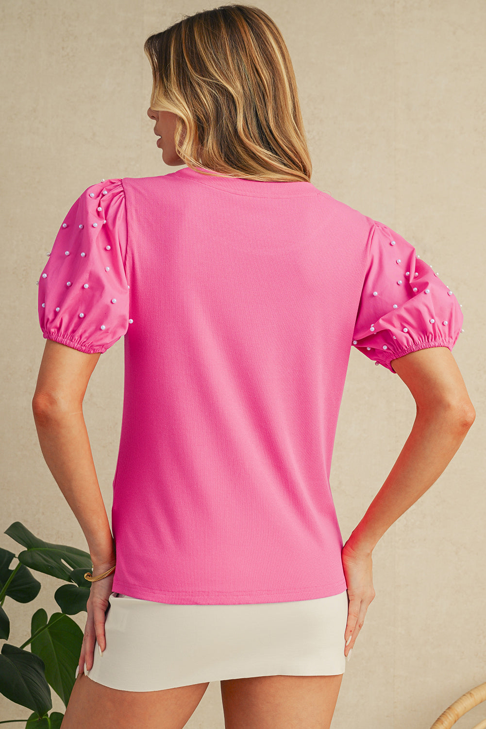 Bright Pink Pearl Beaded Puff Sleeve Ribbed Top