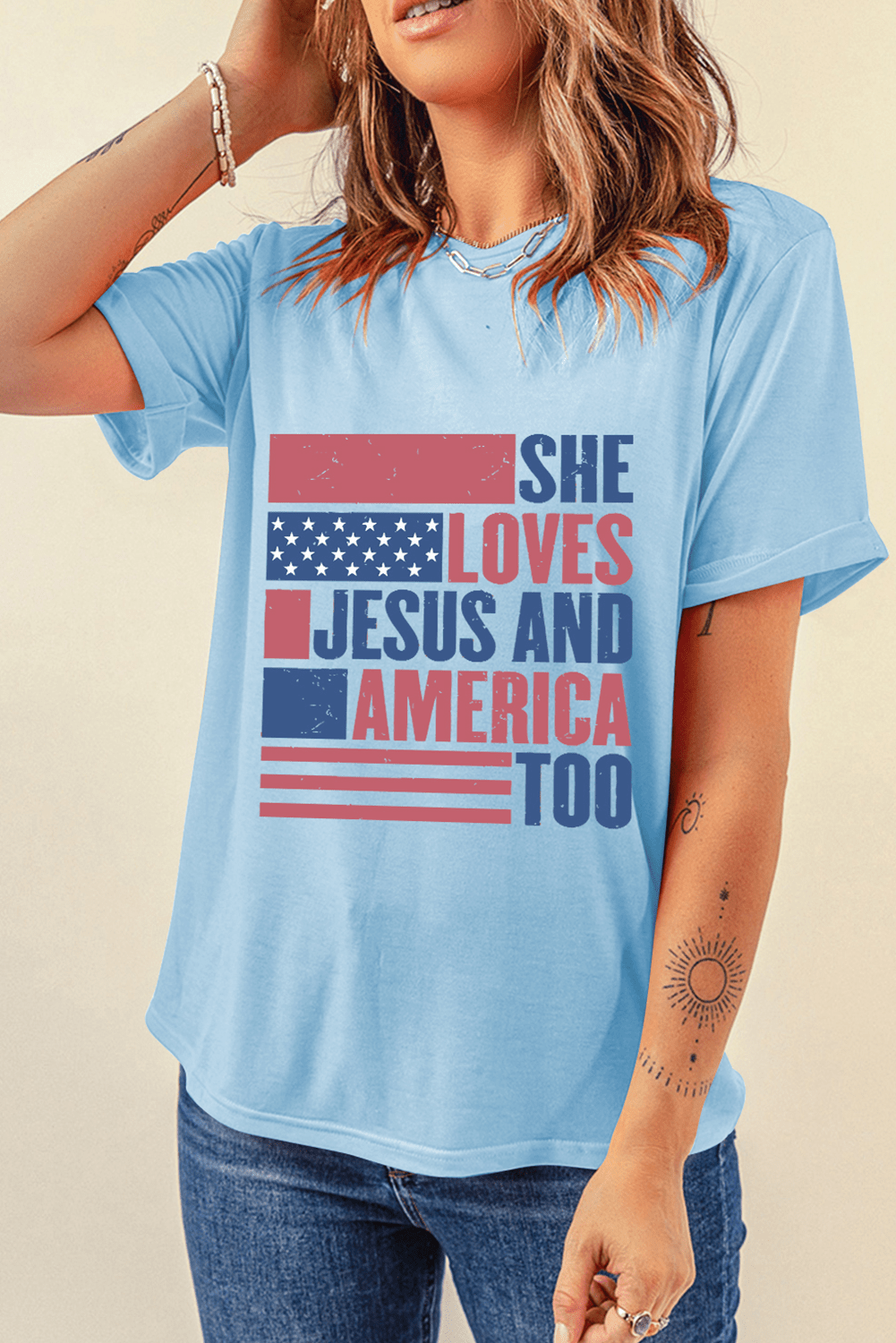 Light Blue SHE LOVES JESUS AND AMERICA TOO Flag Graphic T Shirt - Loving It Shop