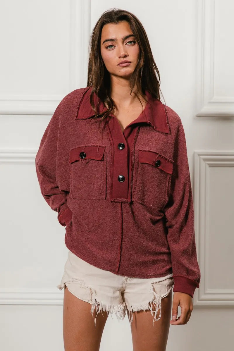 Cp French Terry Cut Edge Detail Collared Top
