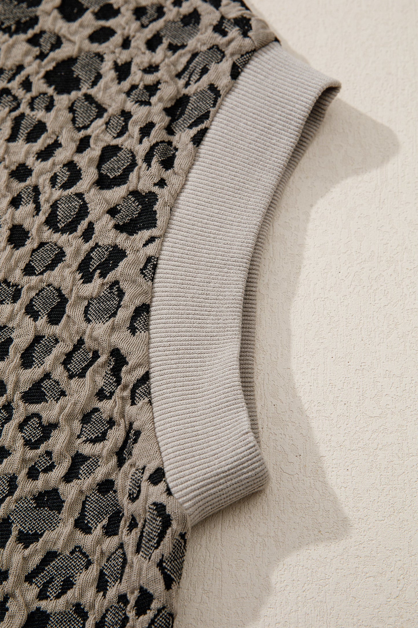 Beige Zip up Collared Leopard Cap Sleeve Top