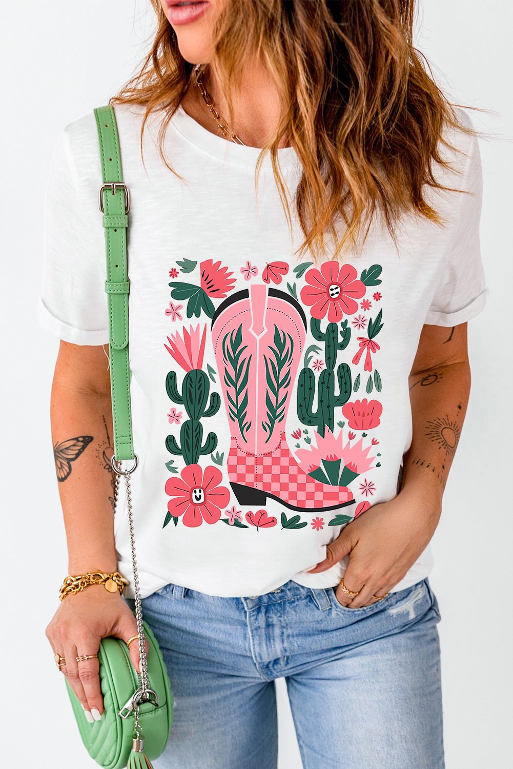 White Western Boots Flower Print Round Neck T Shirt - Loving It Shop