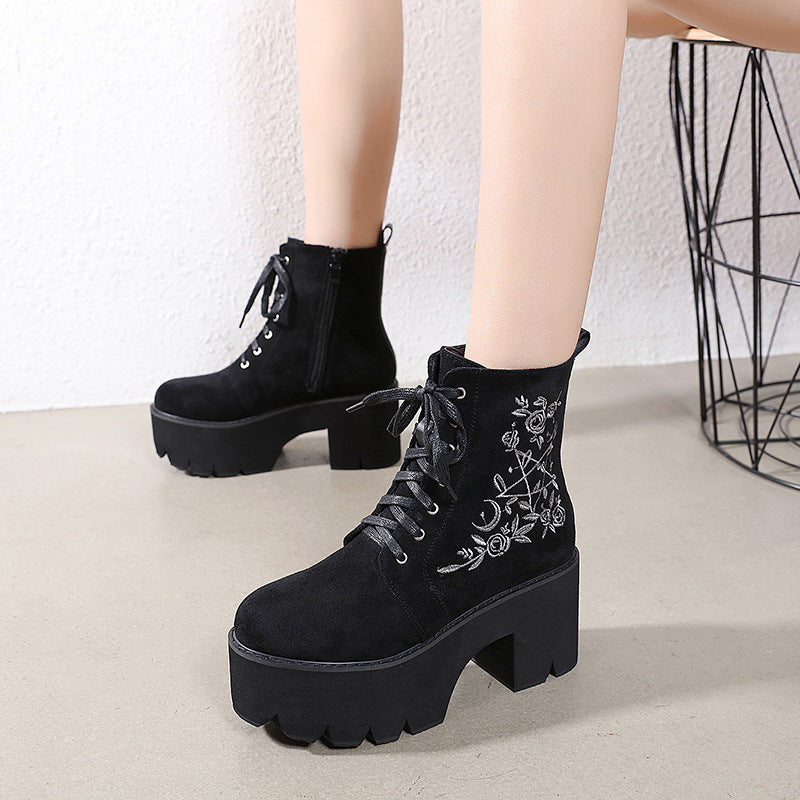 Winter European And American Embroidered Thick-Heel Martin Women&