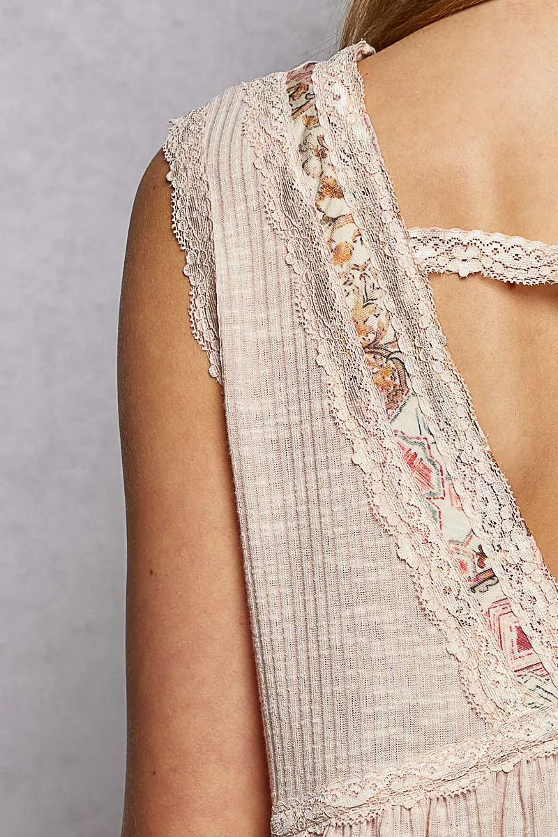 Lace Detail Ruffled Ribbed Sleeveless Top with Floral Pattern Trim Detail