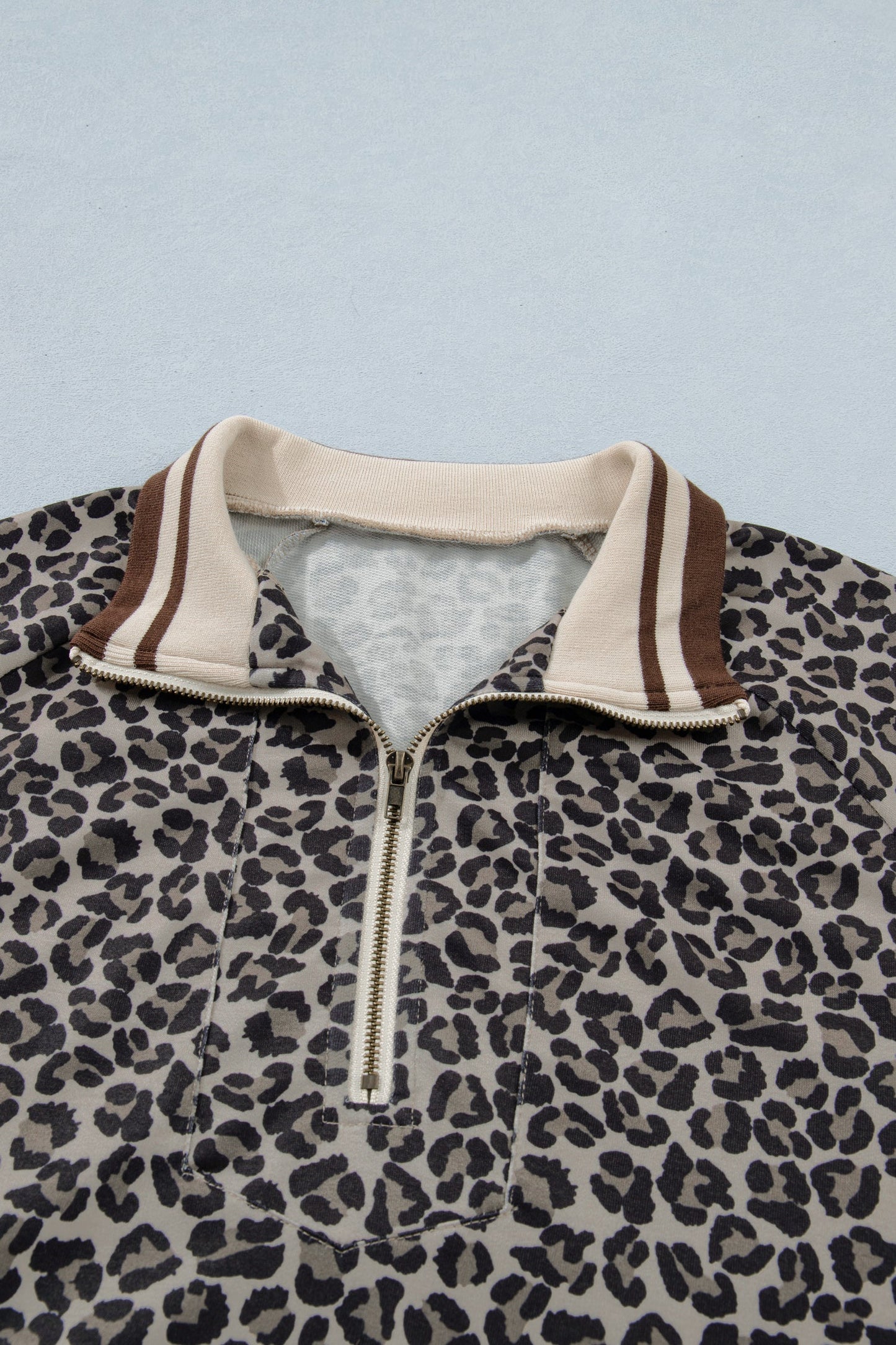 Khaki Leopard Print Half Zip Striped Trim Patchwork Short Sleeve Top