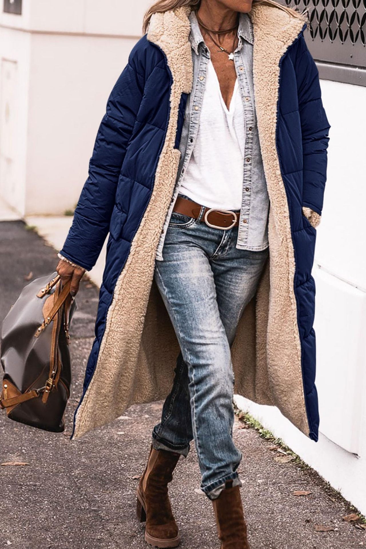 Solid Color Hooded Long Coat Winter Long Sleeve Double-sided Wear Slim Elegant Cardigan Jacket Top Women&