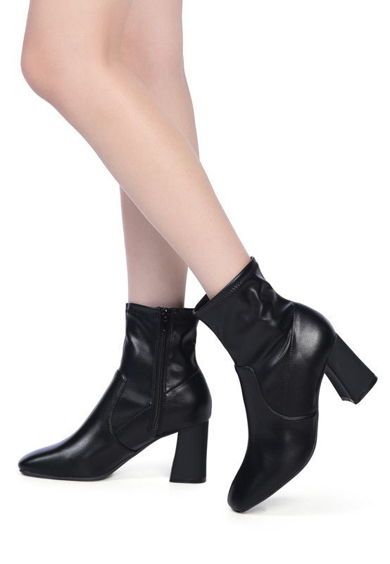 DAFFOFIL VEGAN LEATHER BLOCK HEELED ANKLE BOOTS