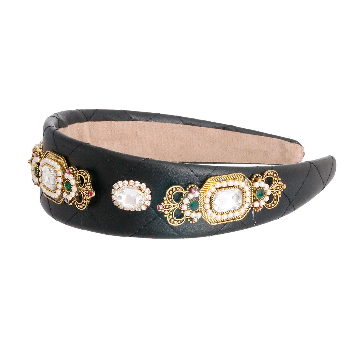 Fashion Headband Black Vegan Leather Crystal Stylish Statement Accessory