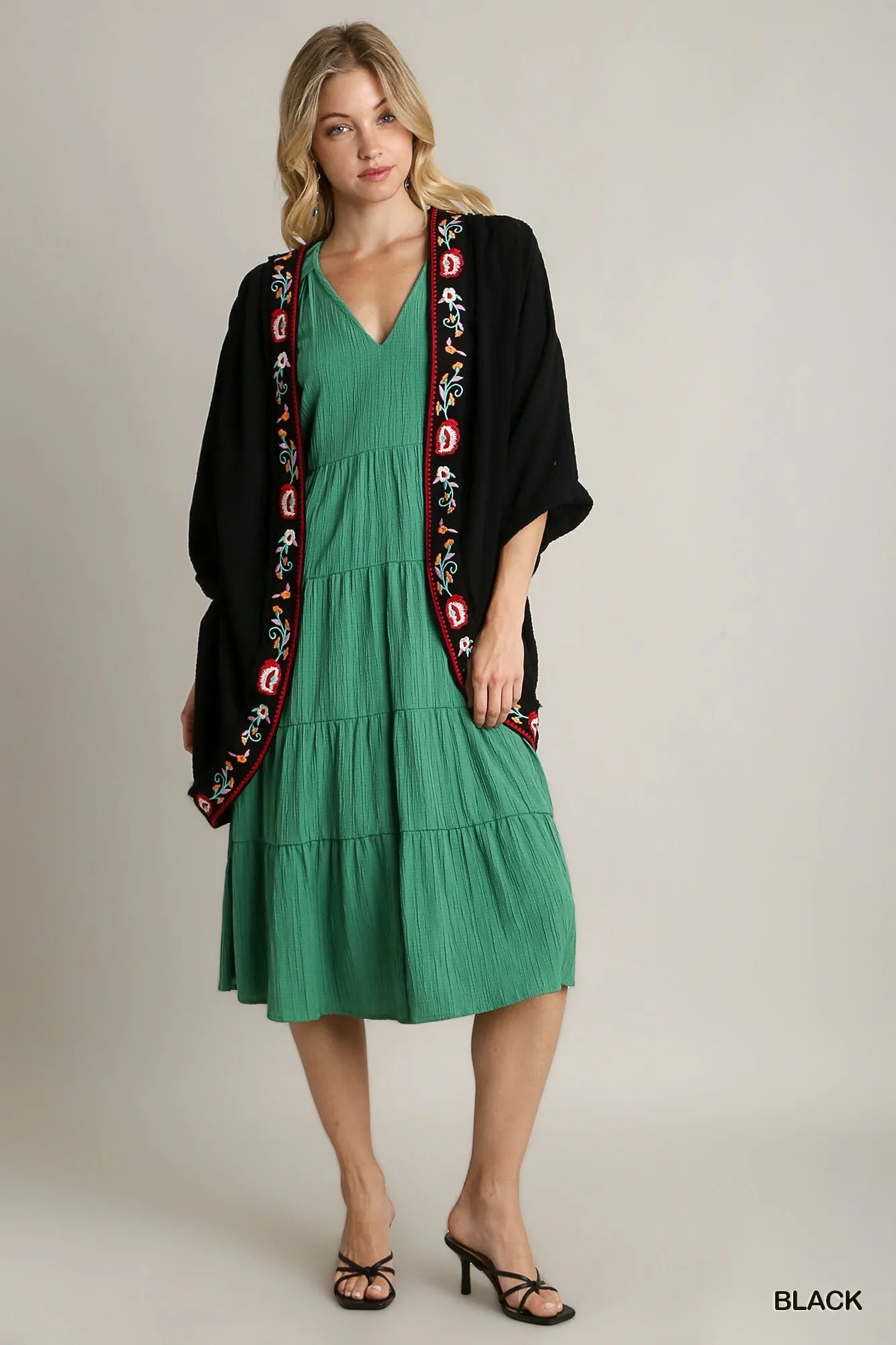 Embroidery Open Front Kimono with Pleated Shoulder Detail
