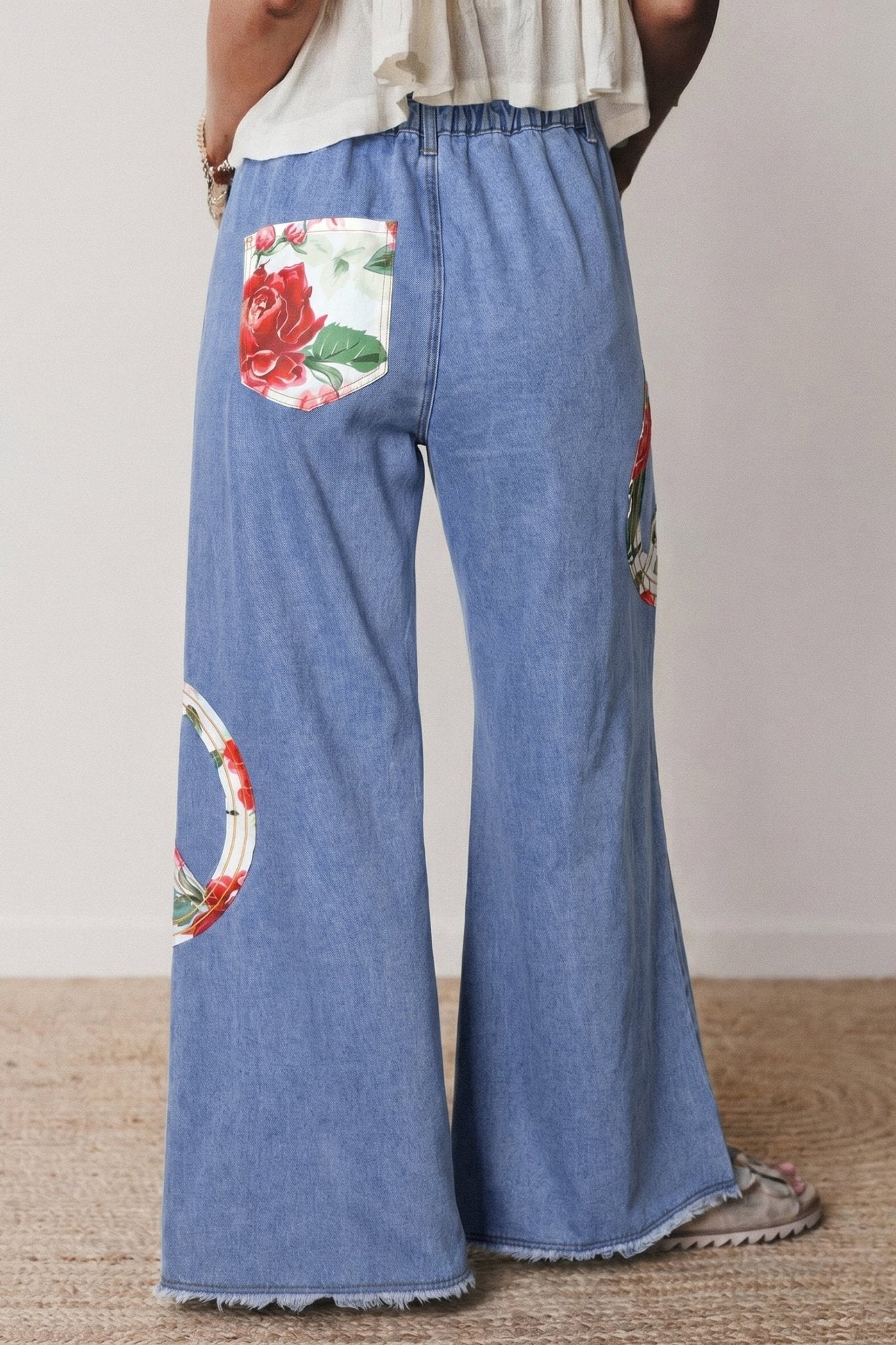 Myosotis Floral Peace Sign Embroidered Patch Wide Leg Jeans - Loving It Shop