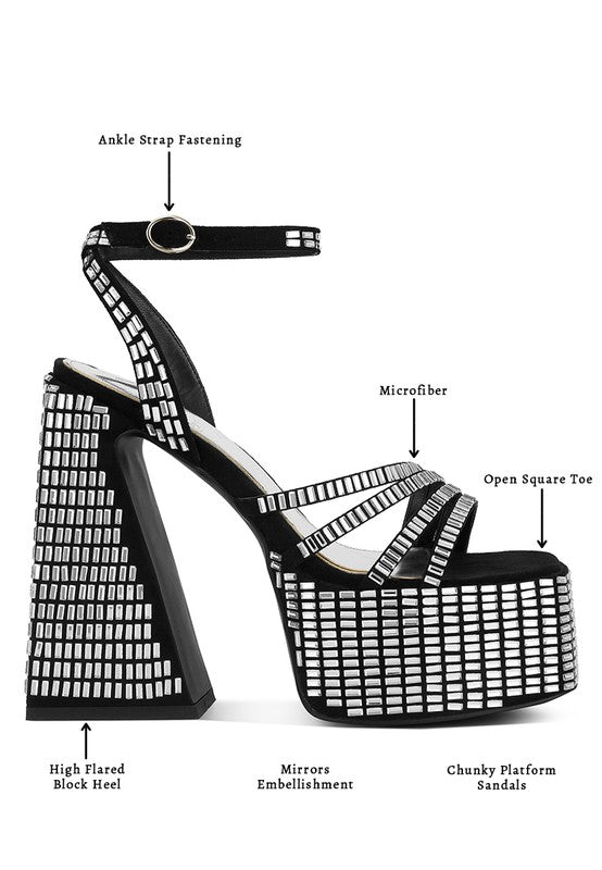 Lustrous Mirror Embellished Flare Heel Sandals