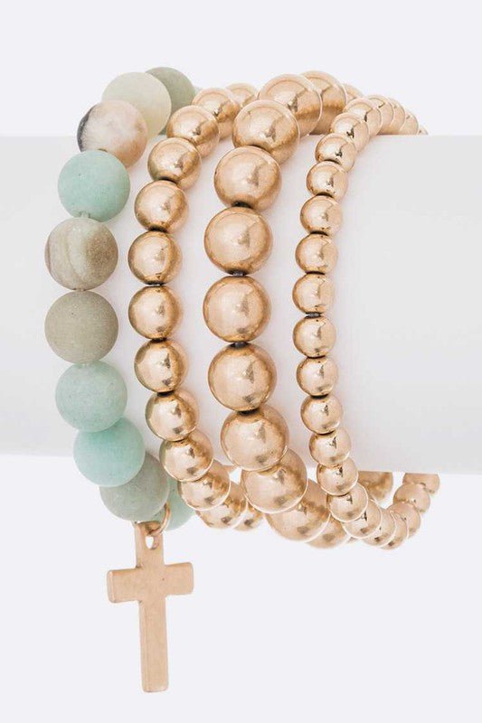 Layered Beads Cross Charm Bracelet Set - Loving It Shop