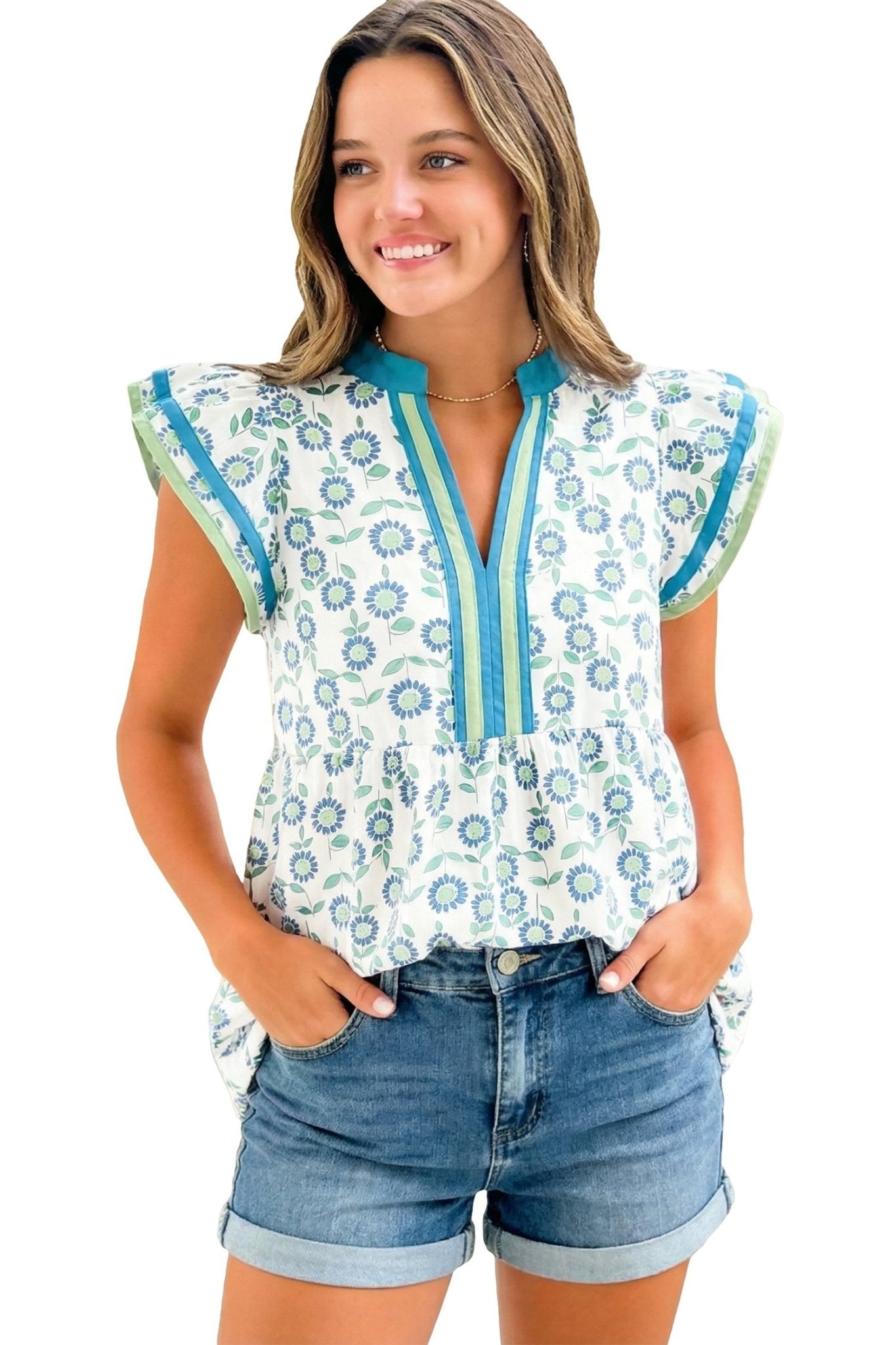 Green Sunflower Printed Contrast Trim V Neck Flutter Sleeve Blouse - Loving It Shop