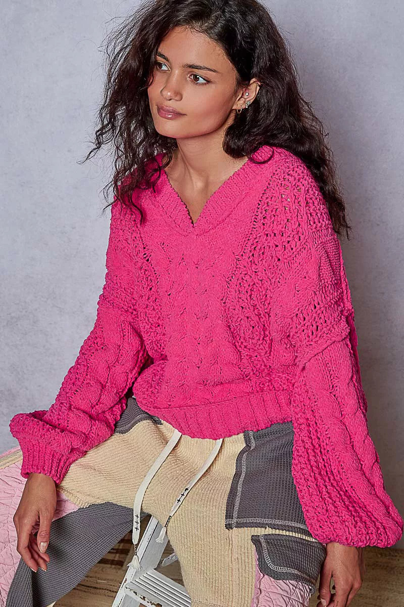 Cable-Knit Solid V-Neck Cropped Sweater