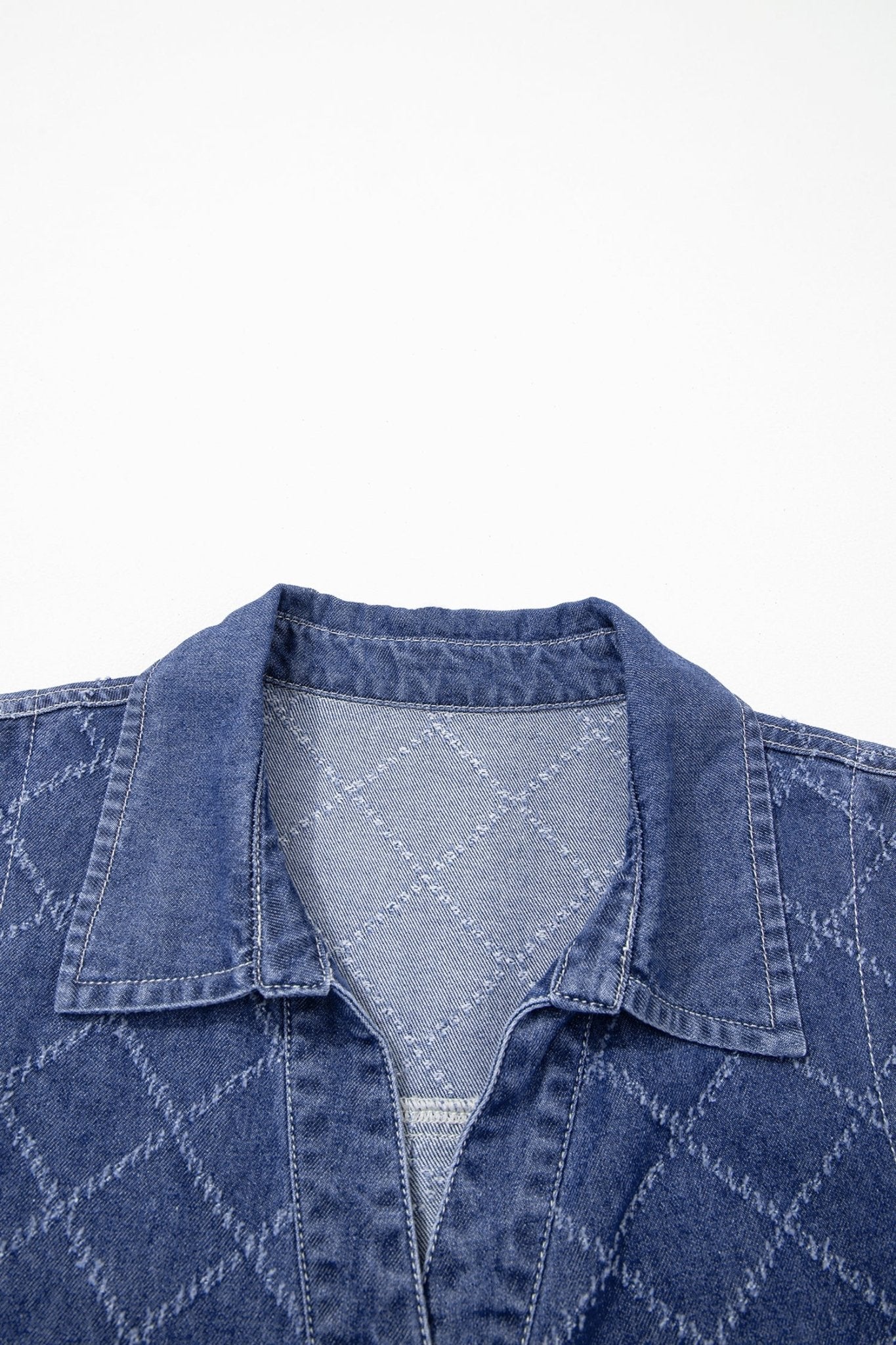 Sail Blue Rhombus Textured Collar Buttoned V Neck Denim Sleeveless Mini Dress - Loving It Shop