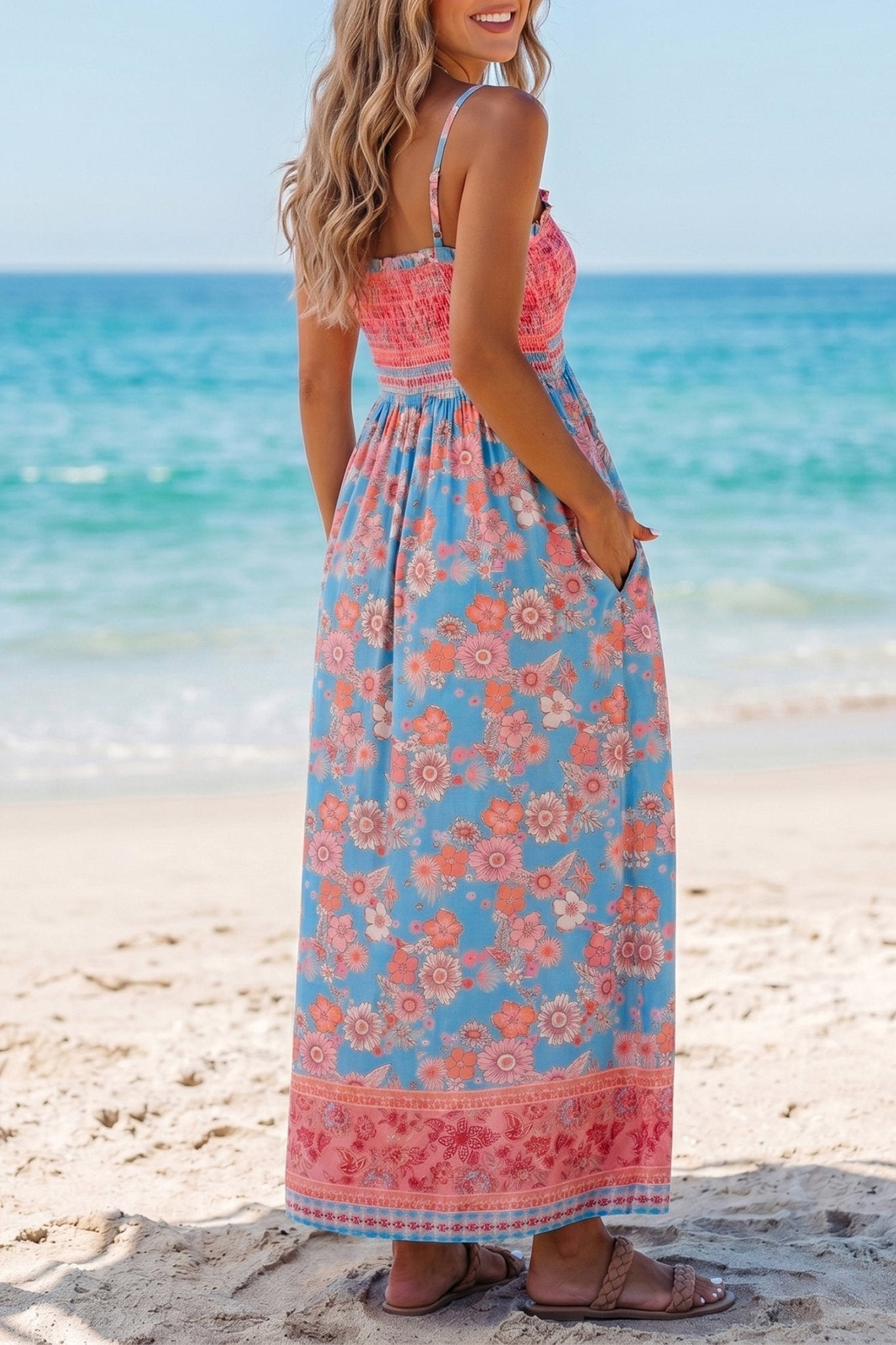 Sky Blue Bohemian Ethnic Print Spaghetti Straps Vacation Maxi Dress - Loving It Shop
