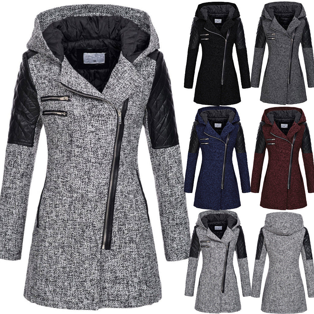 Women Warm Slim Full Zipper Coat Thick Woolen Coat Female Fall Winter Windbreaker Hooded Diagonal Zipper Women&