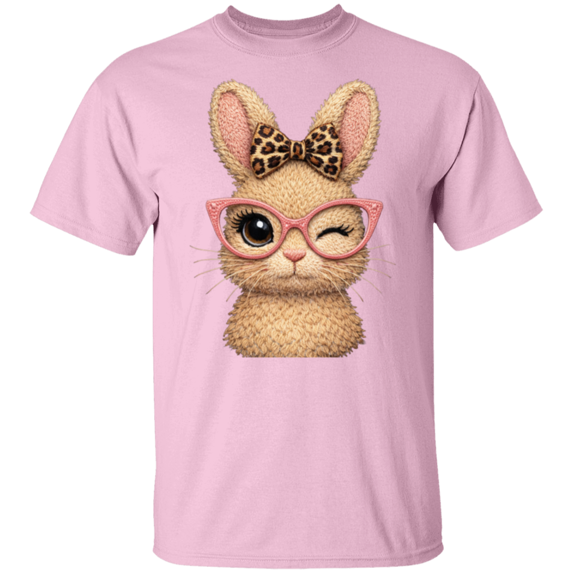 Winking Bunny Graphic Tee — Cute Bunny with Leopard Bow & Pink Glasses