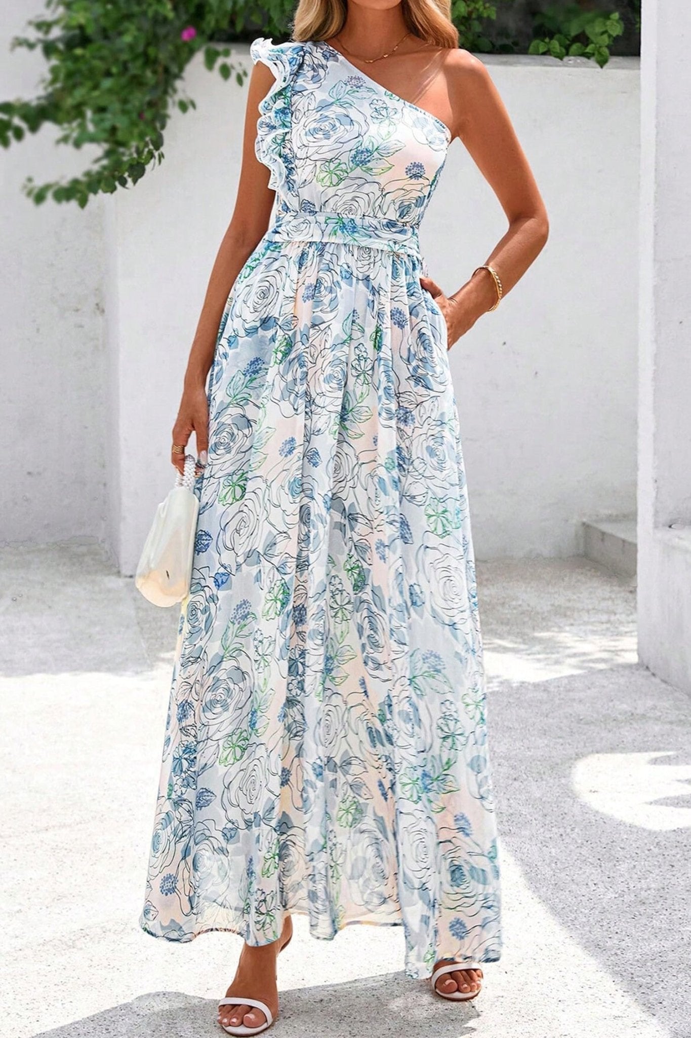Sky Blue Floral Print Ruffled One Shoulder Vacation Maxi Dress - Loving It Shop