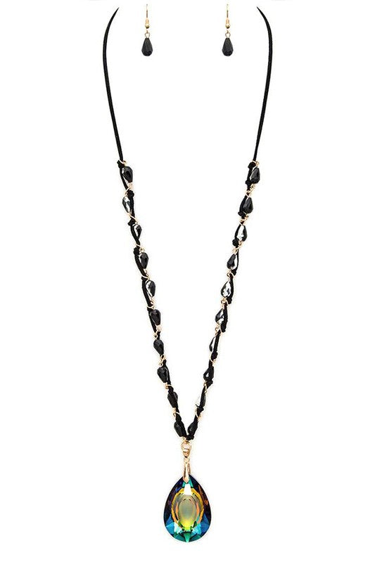 Crystal Teardrop Pendant Suede Necklace Set