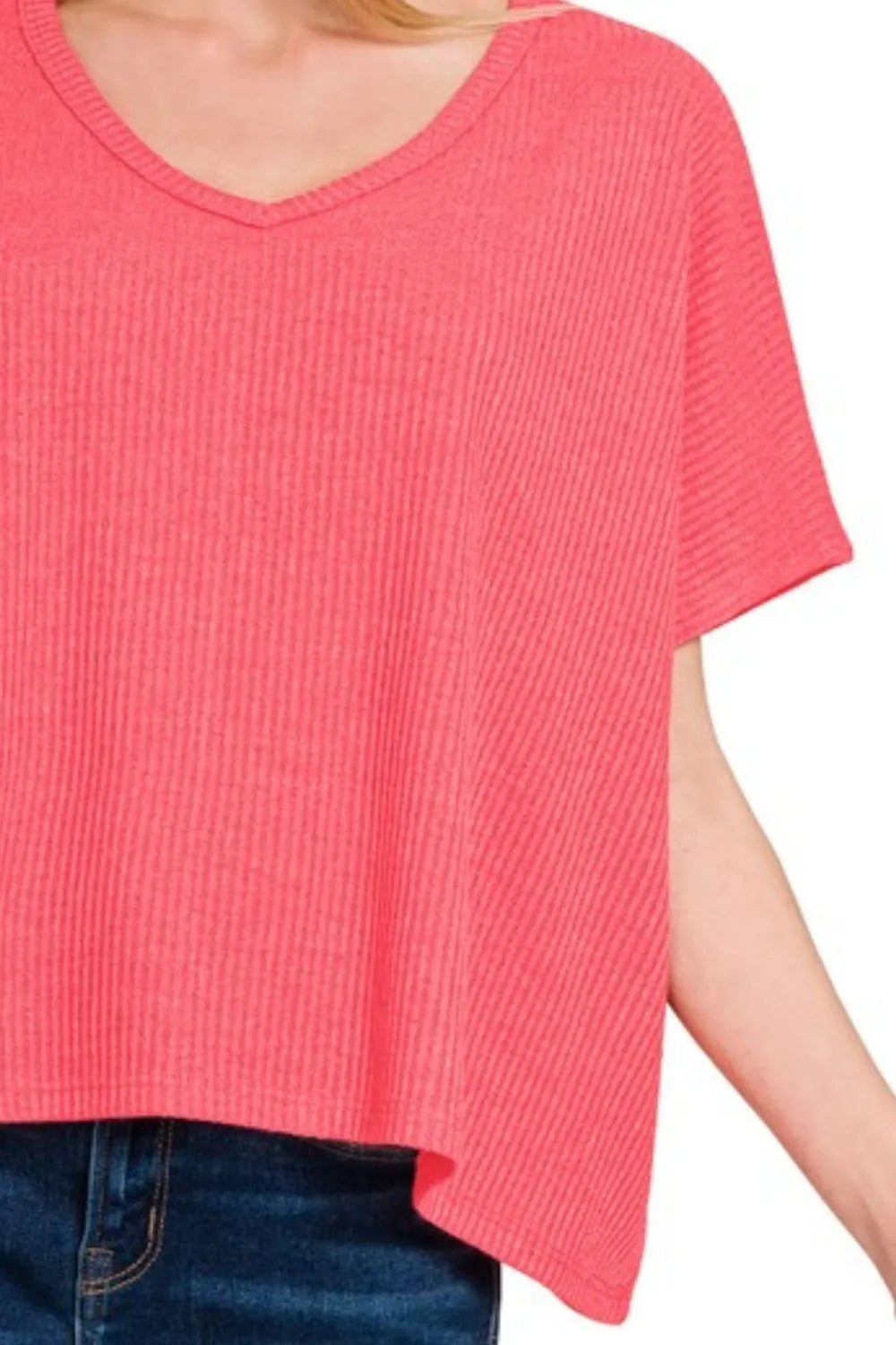Ribbed V-Neck Short-Sleeve Knit Top