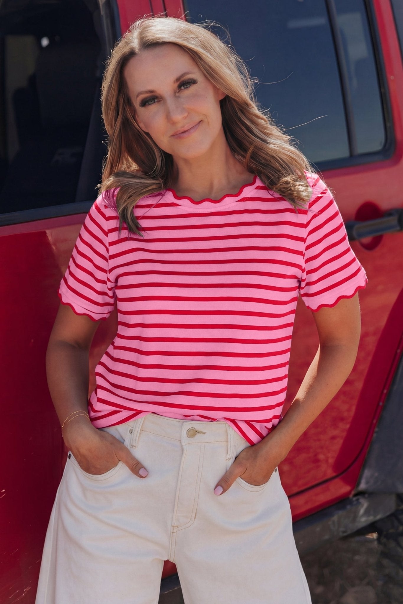 Pink Stripe Scalloped Trim Round Neck T Shirt - Loving It Shop