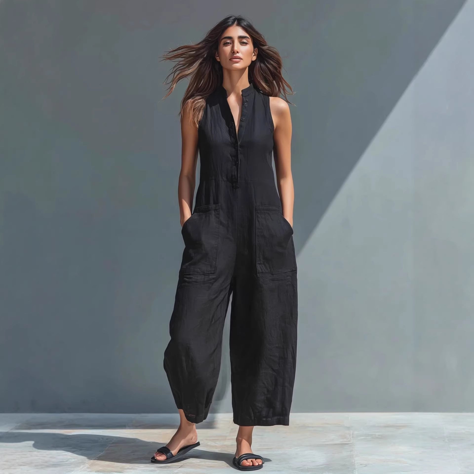 Summer Sleeveless Jumpsuit With Pockets Fashion Casual V-Neck Buttons Trousers Women&