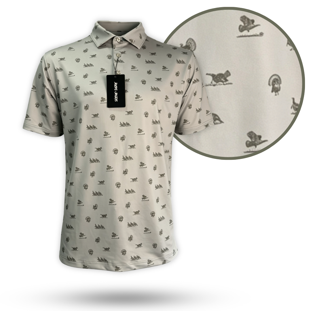 Turkey Tom Golf Polo featuring unique animal patterns in breathable fabric, perfect for performance and style on the golf course.