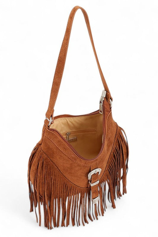 Fashion Handbag Western Buckle Faux Suede Fringe Stylish Bag