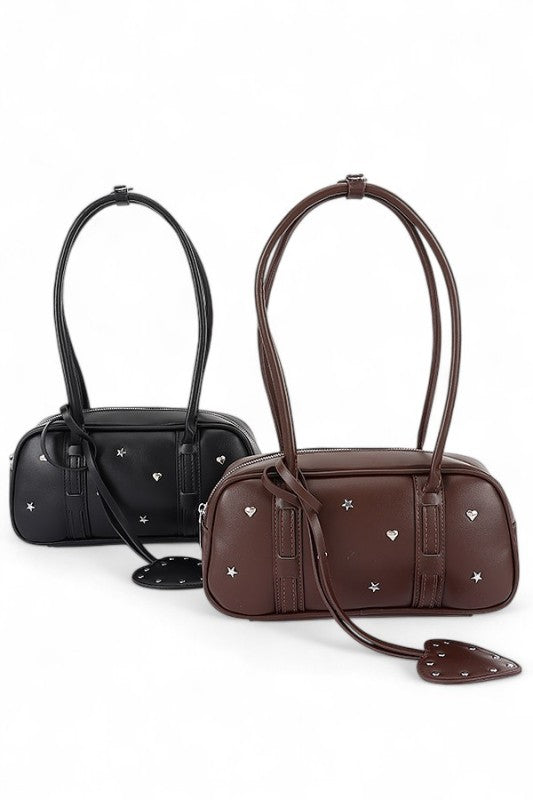 Boxy Top Handle Bag with Star and Heart Studs – Trendy Fashion Handbag