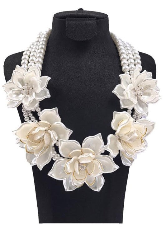 Statement Layered Pearl Necklace Set with Iconic Flower Design, Stylish and Elegant