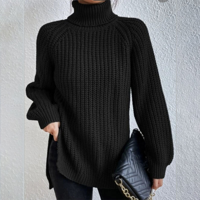 Turtleneck Pullover Sweater With Split Design Fashion Simple Solid Color Long Sleeve Tops Women&