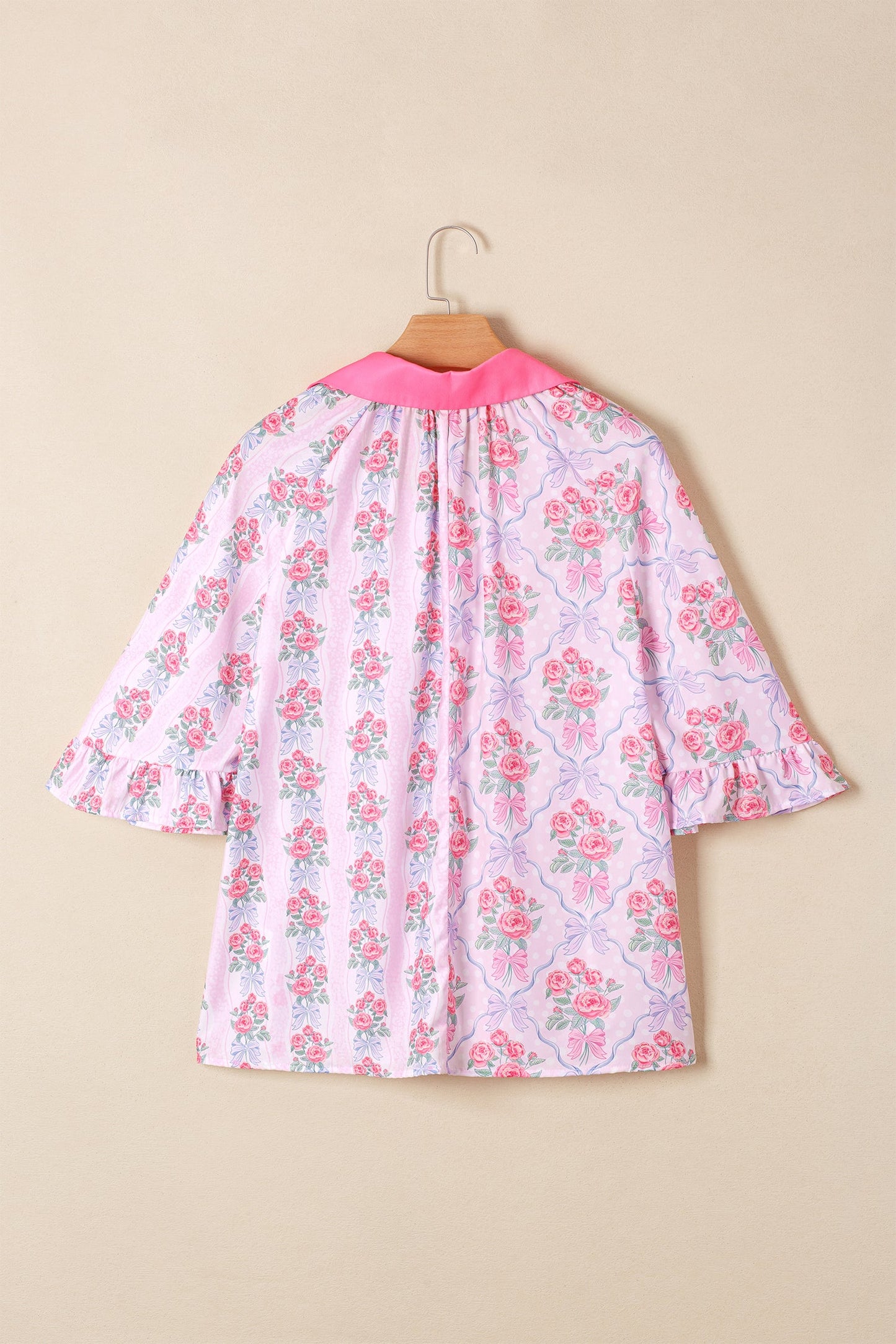 Purple Floral Collared Ruffled Half Sleeve Shirt