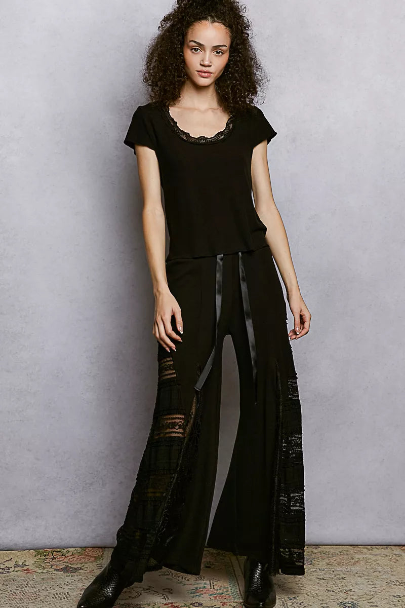 Round Neck Short Sleeve Crop T-Shirt with Lace Trim