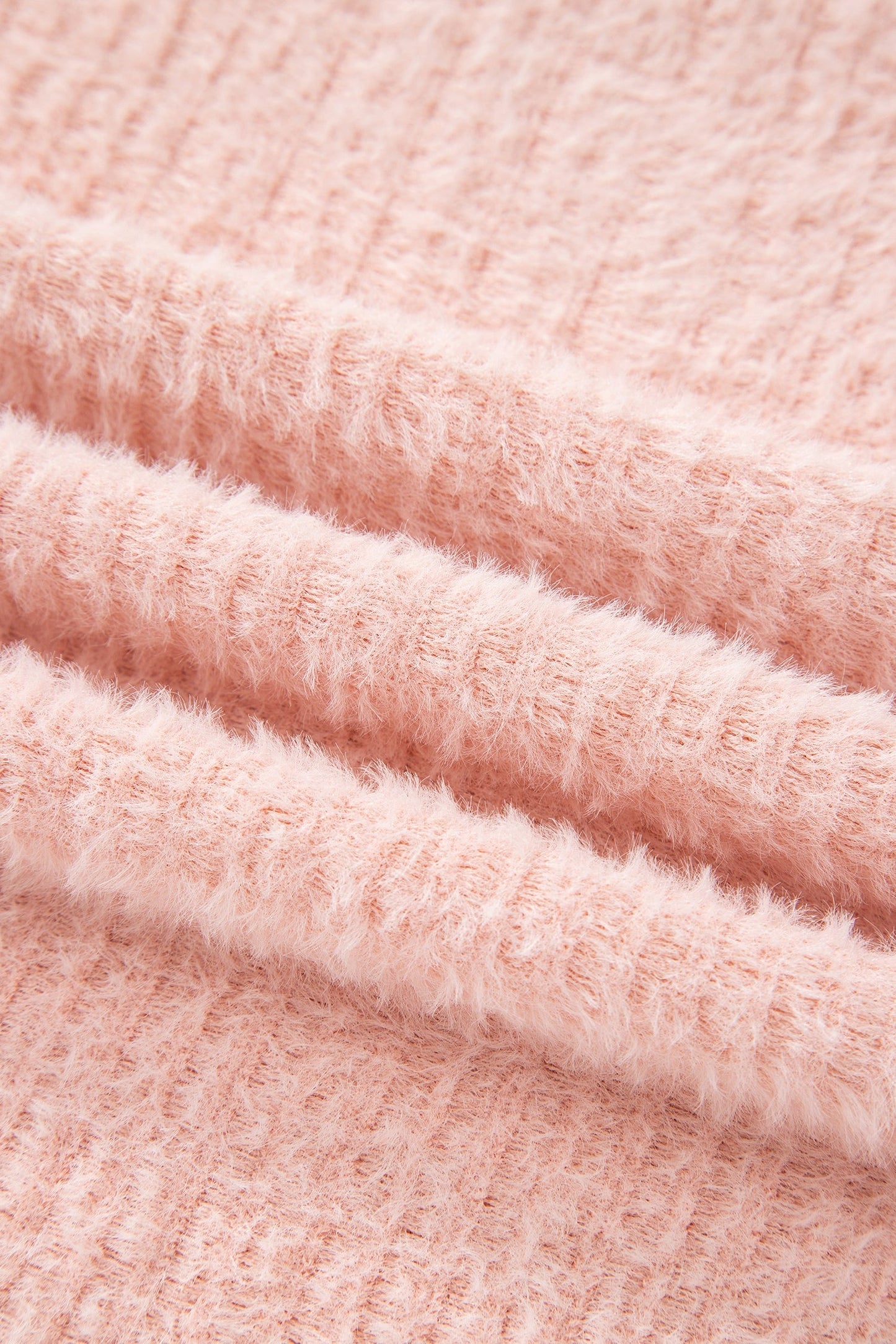 Light Pink Fuzzy Ribbed Texture Round Neck Long Sleeve Top