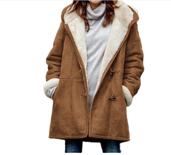 Winter Button Coat Fashion Warm Hooded Jacket With Pockets Women&