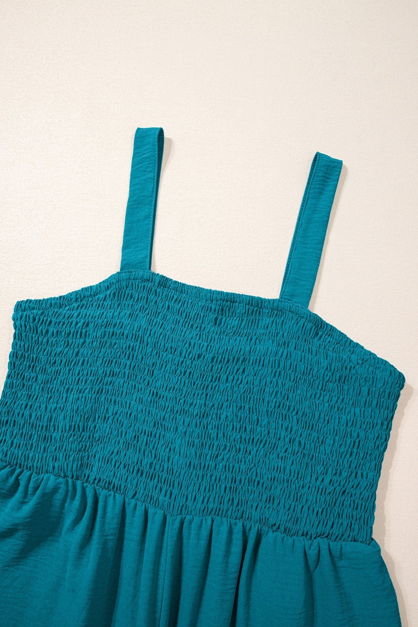 Peacock Blue Smocked Square Neck Sleeveless Jumpsuit with Pockets - Loving It Shop