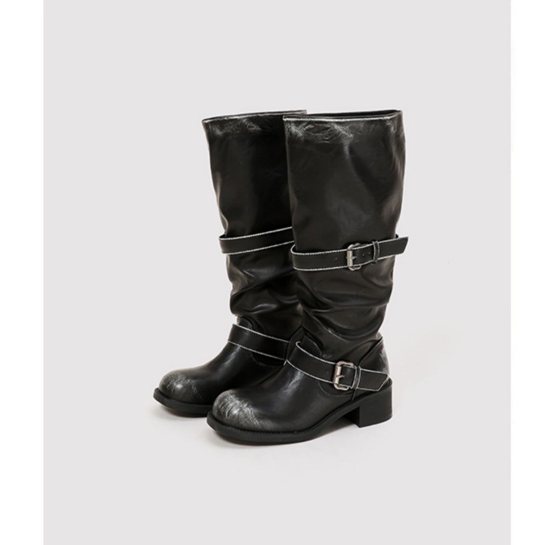 Chunky-heeled Vintage Distressed Mid-calf Boots Womens
