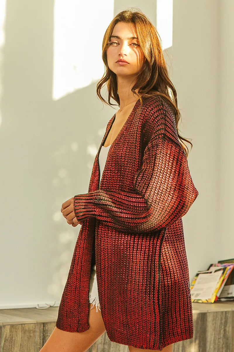 Metallic Knit V-neck Open Sweater Cardigan